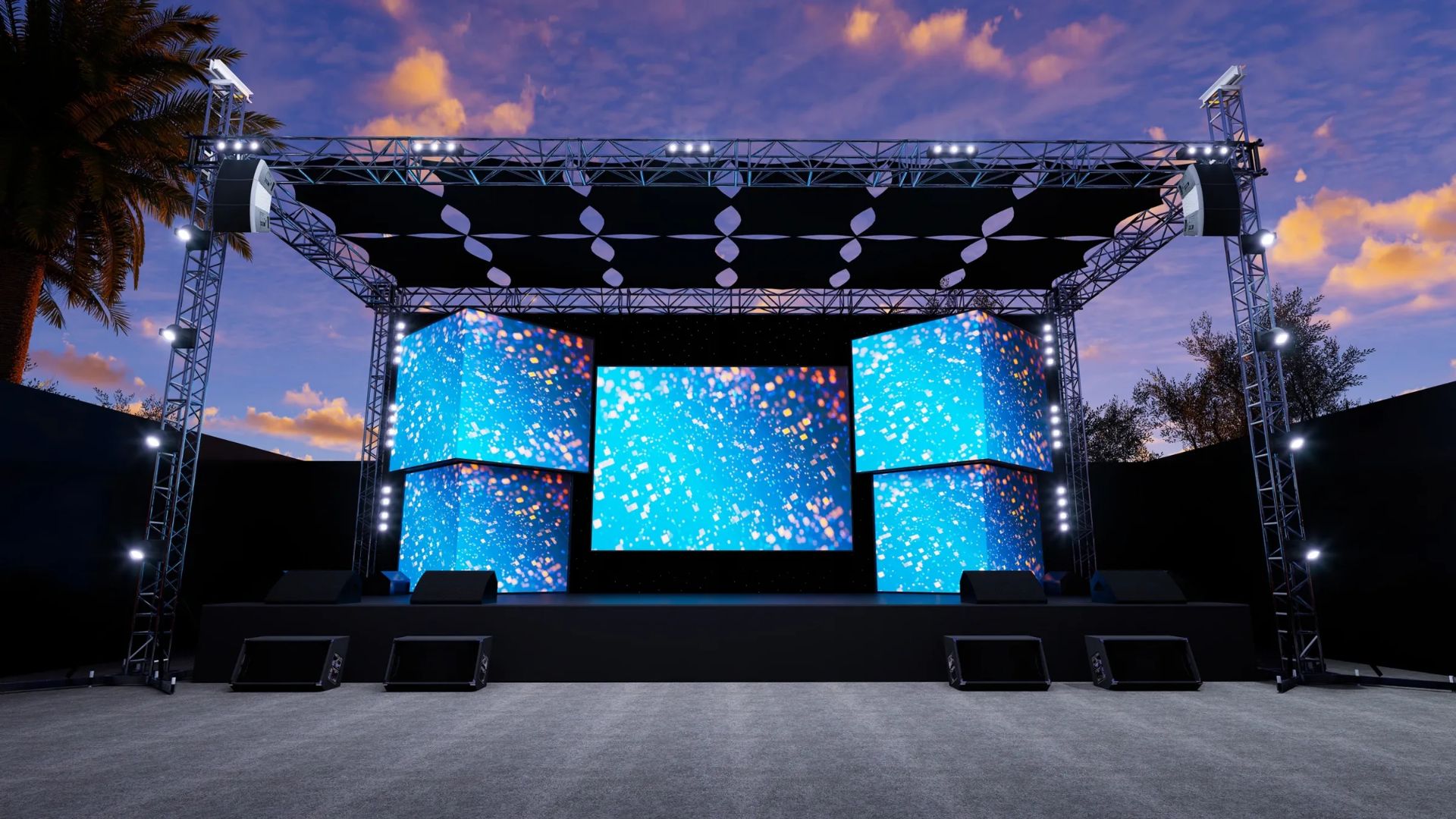 Telão de LED em estrutura de palco para mídia out-of-home