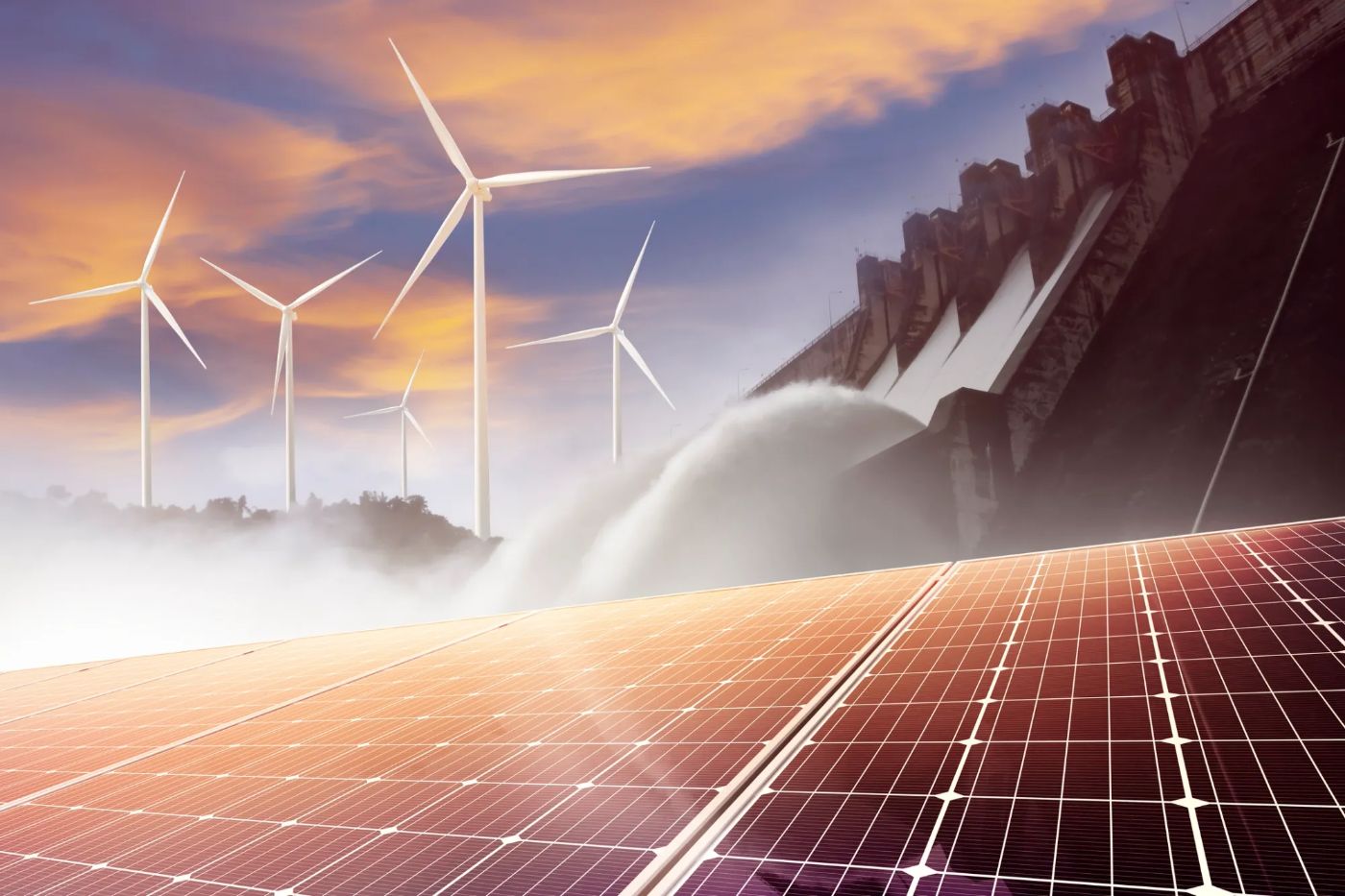 Painéis solares, turbinas eólicas e usina hidrelétrica, representando tecnologia e energia